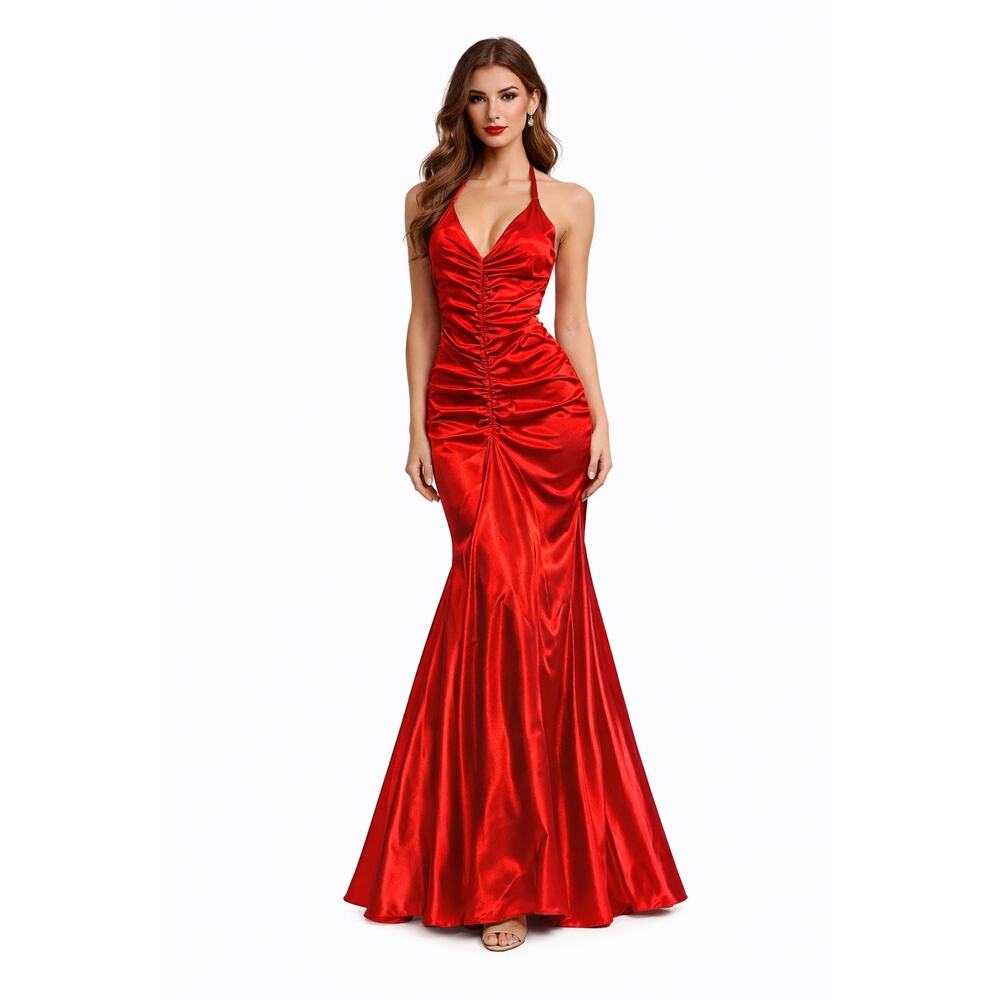 Vintage 1990s Jessica McClintock Red Ruched Halter Gown small